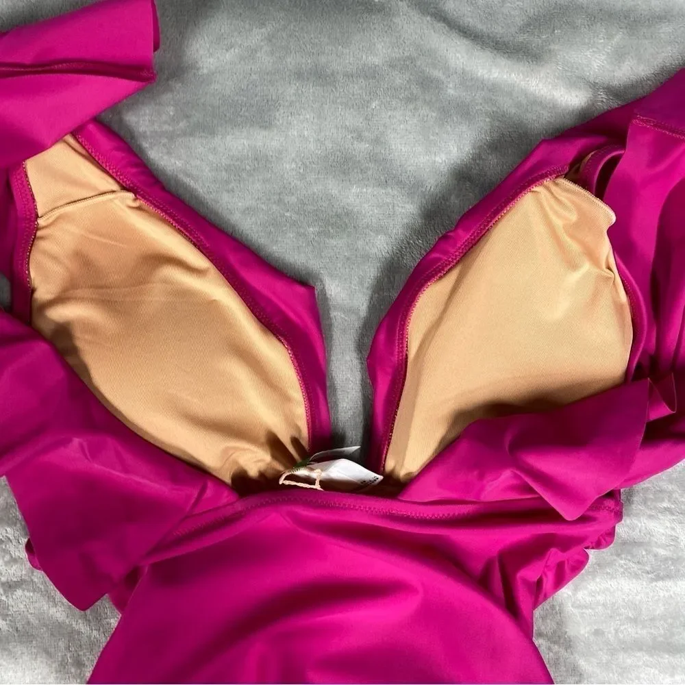 NEW J. Crew Ruched Ruffle One Piece Swimsuit Deep V Neck Size 6 Radiant Fuchsia